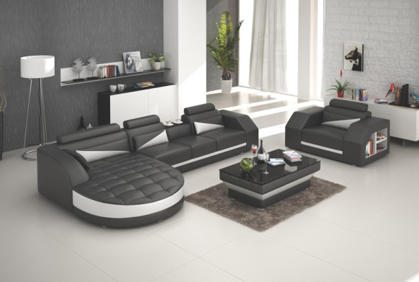 Ledersofa Couch Wohnlandschaft Ecksofa + Sessel Garnitur Design Sofa mit USB