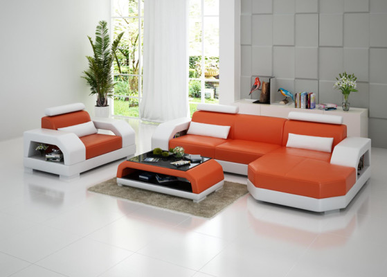 Ledersofa Couch Wohnlandschaft Ecksofa + Sessel Garnitur Design Modern LED USB