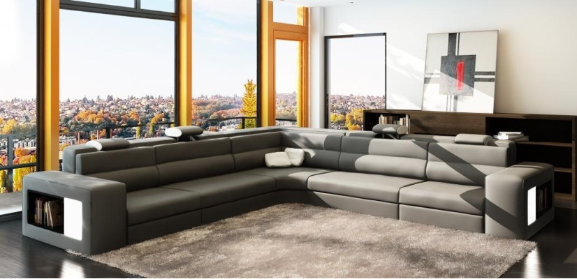 Ledersofa Sofa mit USB Ecksofa Sitz Polster Wohnlandschaft XXL Big Weiden Grau