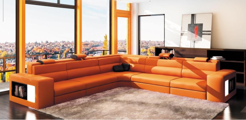 Ledersofa Sofa mit USB Ecksofa Sitz Polster Wohnlandschaft XXL Big Weiden Grau