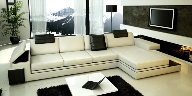 Design Ledersofa Sofa mit USB Polster Wohnlandschaft Eck Garnitur Ecke Tachau S