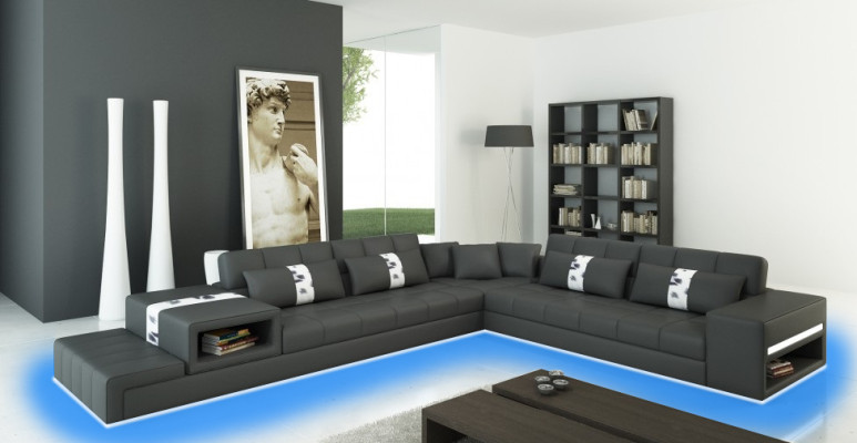 Wohnlandschaft Leder Sofa + USB Polster Garnitur Ecksofa Designer Sofas Peterson