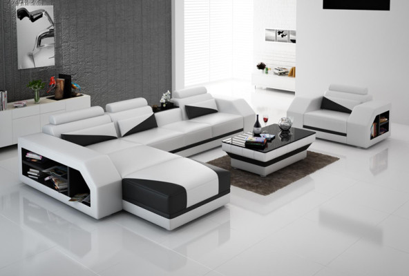 Ledersofa Couch Wohnlandschaft Ecksofa+ Sessel Eck Design Modern Sofa G8018F