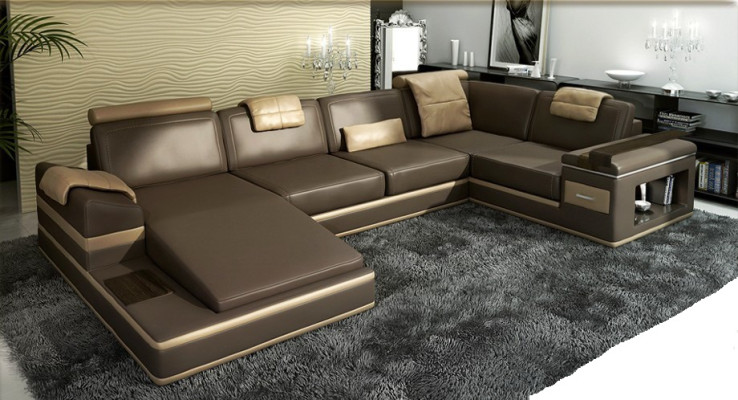 Ecksofa Sofa Couch Polster Leder Garnitur Wohnlandschaft Ecke Wohn Braun PHM104