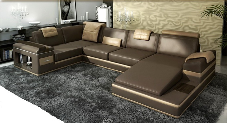 Ecksofa Sofa Couch Polster Leder Garnitur Wohnlandschaft Ecke Wohn Braun PHM104