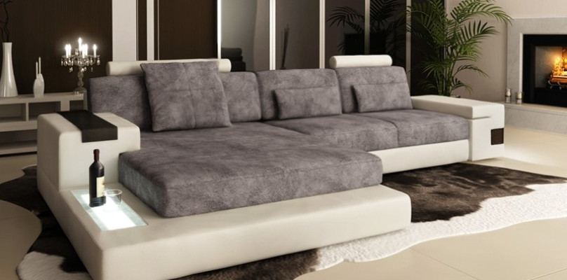 Ecksofa Couch Polster Wohnlandschaft Garnitur Ecke Stoff Textil Sofa GrauWeiß