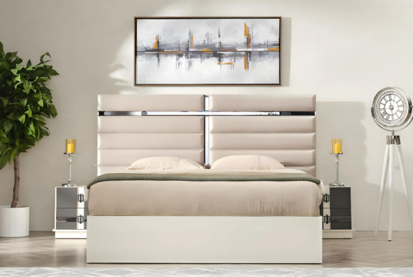 Bett Holz Möbel Beige Schlafzimmer Luxus Doppelbett Design Modern Stil