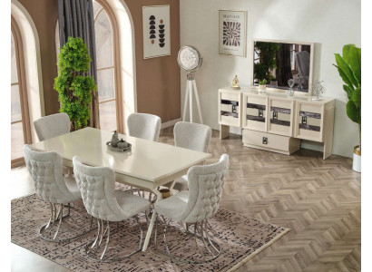 Esszimmer Set 9tlg Esstisch Modern 6x Stühle Sideboard mit Spiegel Holzmöbel