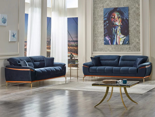 Wohnzimmer 2x Sofa 3 Sitzer Textil Blau Sofagarnitur Sofa Dreisitzer Couchen