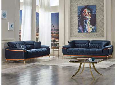 Wohnzimmer 2x Sofa 3 Sitzer Textil Blau Sofagarnitur Sofa Dreisitzer Couchen