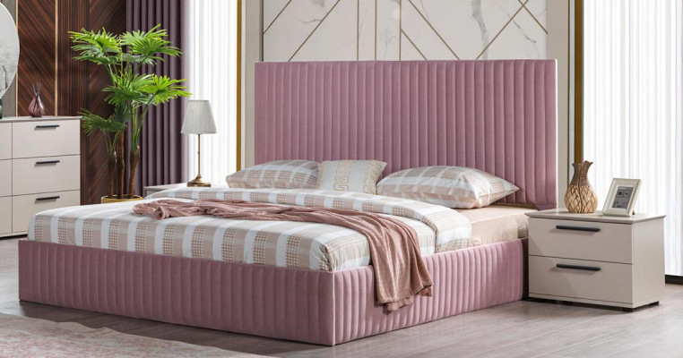 Schlafzimmereinrichtung Möbel Schlafzimmer Bett Nachttische Rosa 3tlg