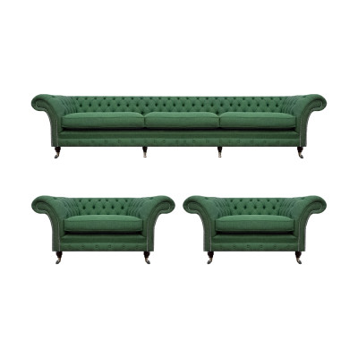 Wohnzimmer Chesterfield Garnitur Grüner 3-Sitzer 2x Sessel 3tlg Edel Set