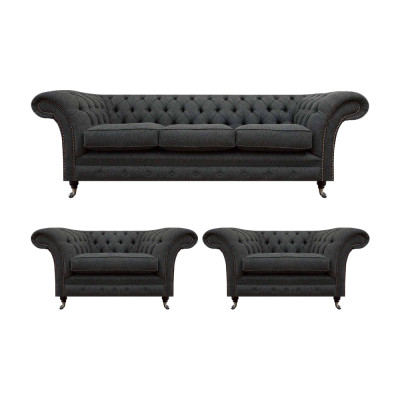 Wohnzimmer Chesterfield Couchen Schwarzer Dreisitzer 2x Sessel 3tlg Set