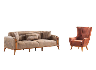 Wohnzimmer-Set 2tlg Braun Leder 3-Sitzer Sofa Sessel Wohnzimmer Modern