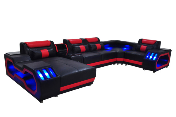 Ledersofa Couch Wohnlandschaft Eck Garnitur Design Modern Sofa U-Form Sofa Rot