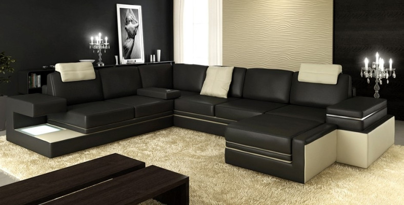 Modern Eckcouch Design Sofa Polster Ecke Leder Textil Couch LED Wohnlandschaft