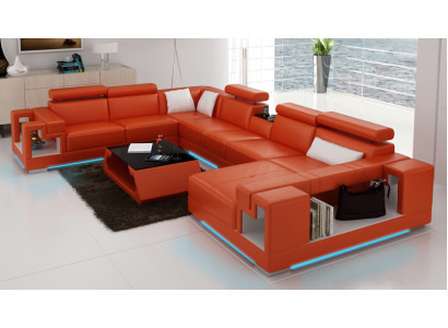 Ecksofa Garnitur Modern Sofa USB Ledersofa Sofa Couch Wohnlandschaft Orange Neu