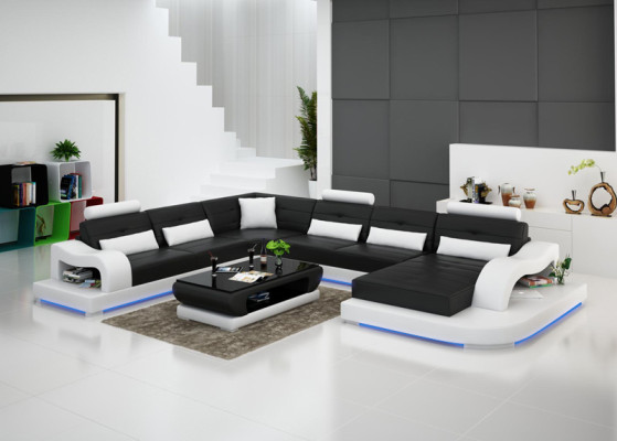 Ledersofa Couch Wohnlandschaft Ecksofa Eck Garnitur Design Modern Sofa mit USB
