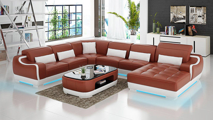 Wohnlandschaft Ledersofa Couch Design Garnitur Modern Ecke Sofa U-Form + USB