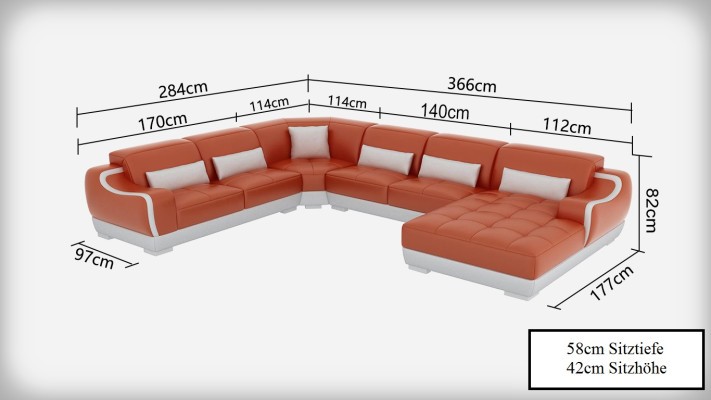 Wohnlandschaft Ledersofa Couch Design Garnitur Modern Ecke Sofa U-Form + USB