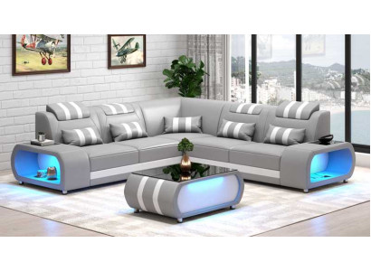 Ecksofa Ledersofa L Form Couch Sofa Grau Luxus Moderne Eckgarnitur LED