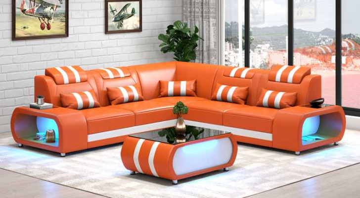 Ecksofa Ledersofa L Form Couch Sofa Grau Luxus Moderne Eckgarnitur LED