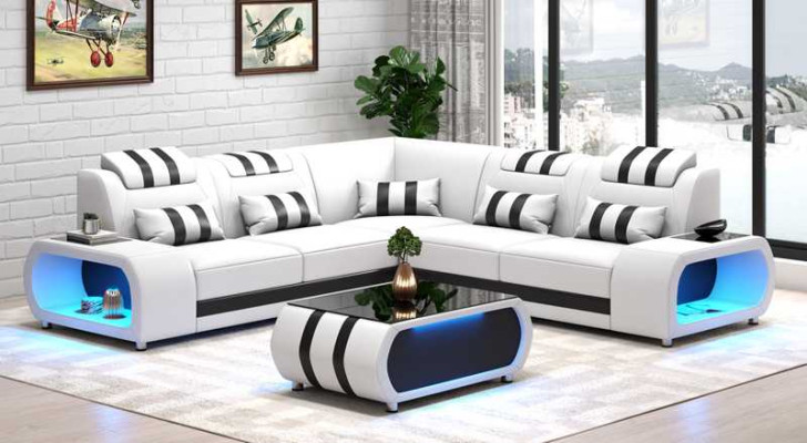 Ecksofa Ledersofa L Form Couch Sofa Grau Luxus Moderne Eckgarnitur LED