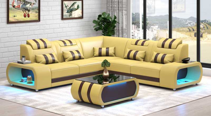 Ecksofa Ledersofa L Form Couch Sofa Grau Luxus Moderne Eckgarnitur LED