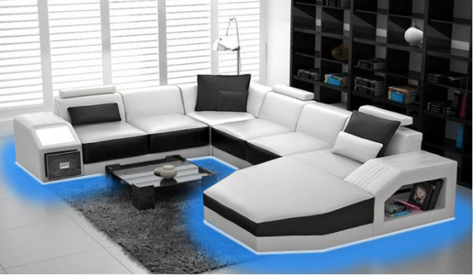 Ledersofa Ecksofa Big Sofa Sofa Couch Polster Eck Wohnlandschaft mit Licht Neu