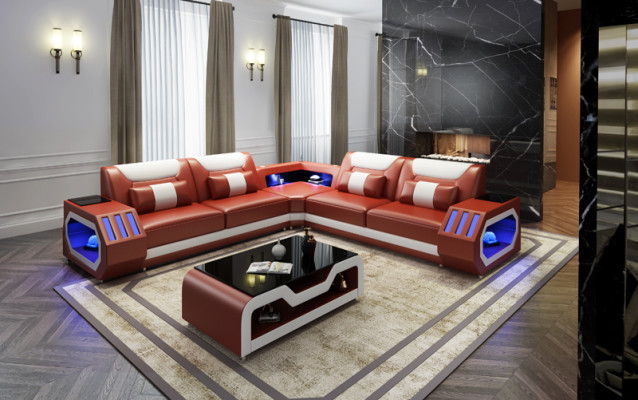 Ledersofa Couch Polster Designersofa Leder Sofas Sofa L-Form USB Soundboxen Neu