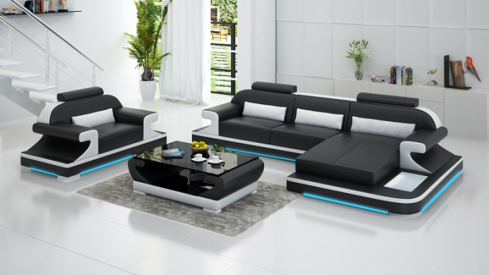 Ledersofa Couch Wohnlandschaft Ecksofa + Sessel Neu Garnitur Design Sofa mit USB