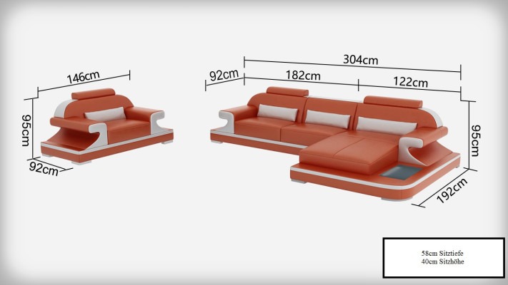 Ledersofa Couch Wohnlandschaft Ecksofa + Sessel Neu Garnitur Design Sofa mit USB