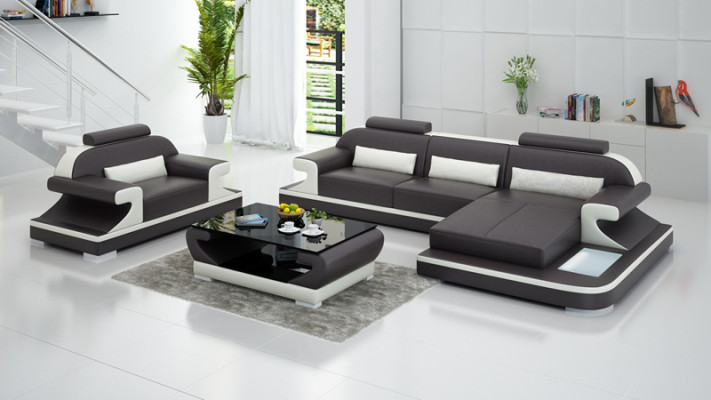 Ledersofa Couch Wohnlandschaft Ecksofa + Sessel Neu Garnitur Design Sofa mit USB