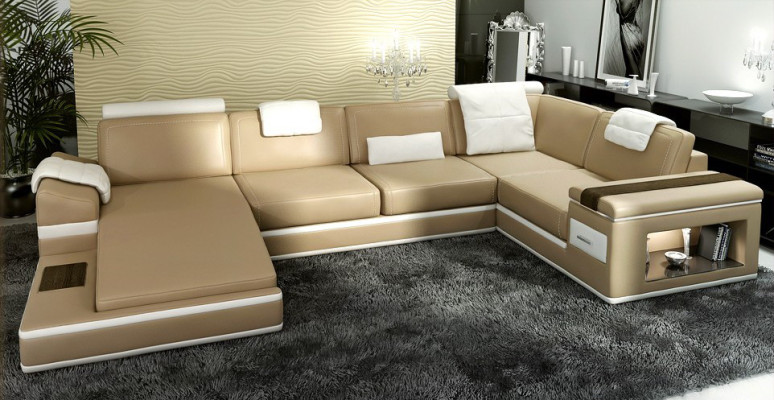 Ecksofa Sofa Beige USB Couch Polster Leder Garnitur Wohnlandschaft Ecke Wohn LED