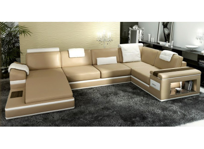 Ecksofa Sofa Beige USB Couch Polster Leder Garnitur Wohnlandschaft Ecke Wohn LED