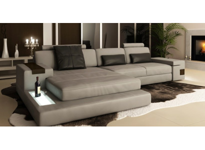 Ecksofa Stoff USB Polster Wohnlandschaft Eck Garnitur Ecke Leder Sofa Grau LForm