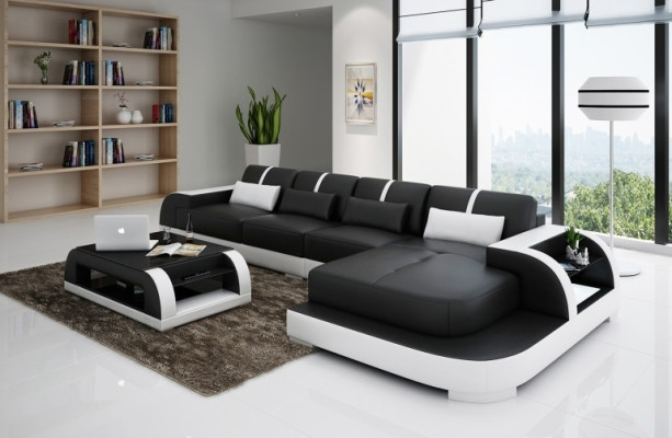 Ecksofa Sofa + USB Polster Wohnlandschaft Polsterecke Designsofa Ledersofa Led