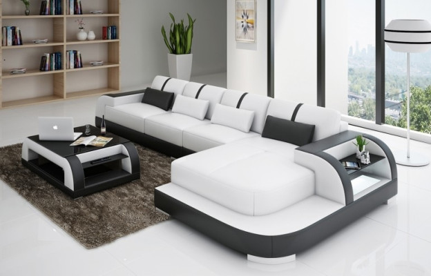 Ecksofa Sofa + USB Polster Wohnlandschaft Polsterecke Designsofa Ledersofa Led