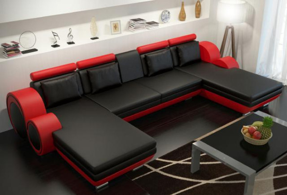 Ledersofa Berlin U-Form Lederecksofa + USB Ledereckcouch Sofa Garnitur XXL Liege