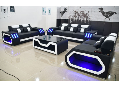 Ledersofa Sofagarnitur Beleuchtete Couch Set 3+2+2 + Tisch Sitz Design Polster