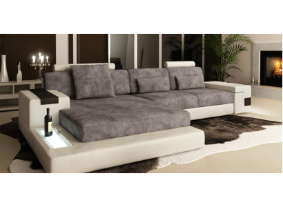 Ecksofa mit USB Polster Wohnlandschaft Garnitur Ecke Stoff Textil Sofa Grau Weiß