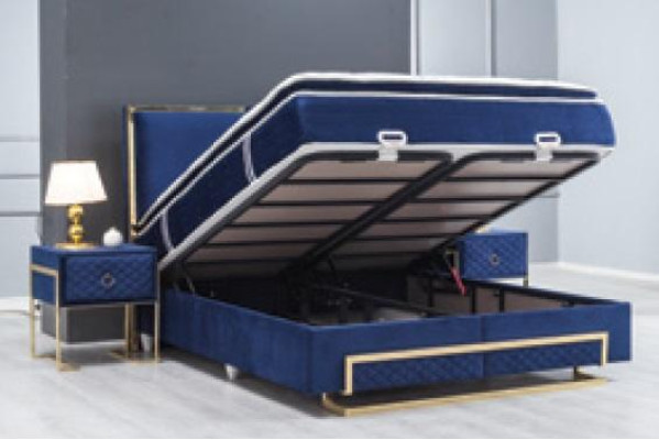 Schlafzimmer Set Bett Blau Hocker Kommode Design Luxus 2x Nachttische 5tlg. Neu