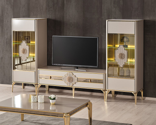 Wohnzimmer Garnitur TV Ständer Vitrinen Couchttisch Schrank Beige 4tlg