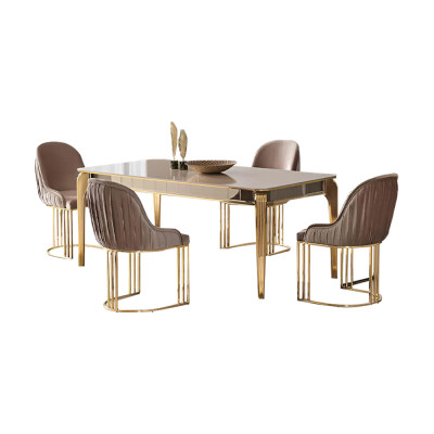 Essgruppe Garnitur Esszimmer Esstisch Stühle Beige 5tlg Holz Tisch Set