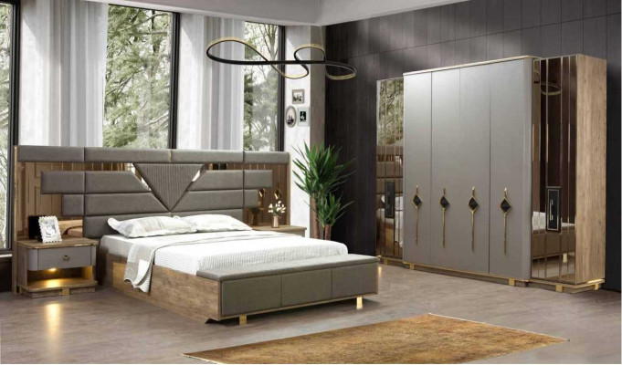 Bett 2x Nachttische Kleiderschrank 4 tlg. Schlafzimmer Set Möbel Luxury