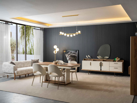 Beiges Esszimmer Set Rechteckiger Holztisch Designer 4x Polsterstühle