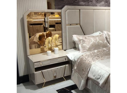 Nachttisch mit Spiegel Nachtschrank Beige Gold Schlafzimmer Möbel Holz