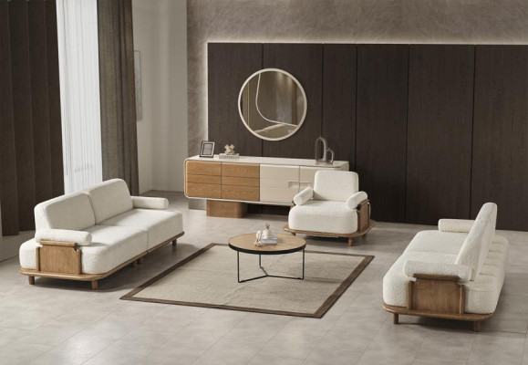 Wohnzimmer Set Sofa 3-Sitzer Sessel Konsole Spiegel Weiß Stoff Glas Modern