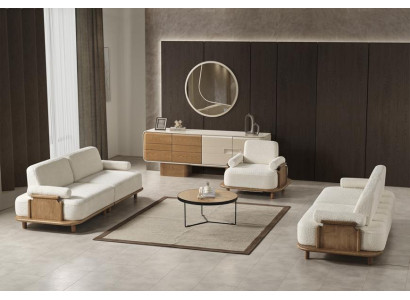 Wohnzimmer Set Sofa 3-Sitzer Sessel Konsole Spiegel Weiß Stoff Glas Modern