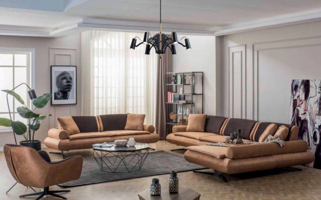 Ecksofa L-Form Sofa Luxus Eck Kunstleder Wohnzimmer Polyester Braun